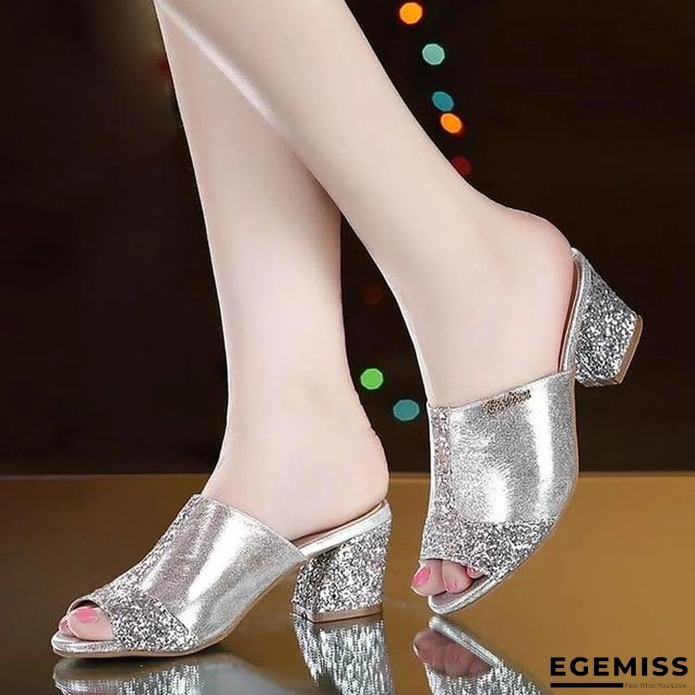 Women Bling Square Heel Lace Slippers Hollow Sandals | EGEMISS