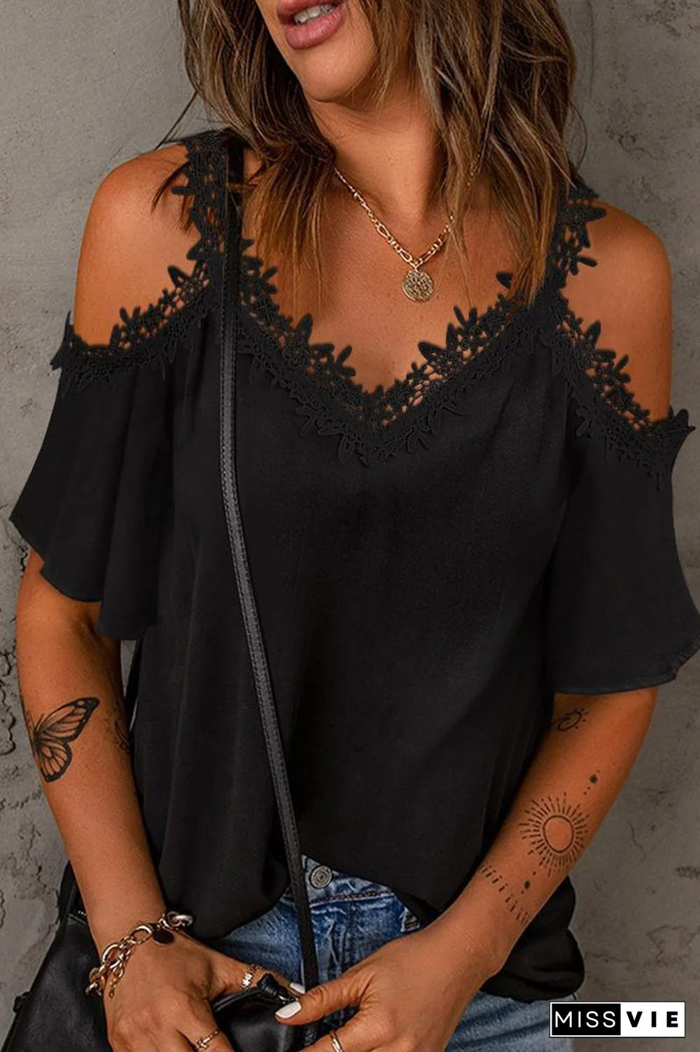 Casual Simplicity Solid Lace Hollowed Out V Neck Tops