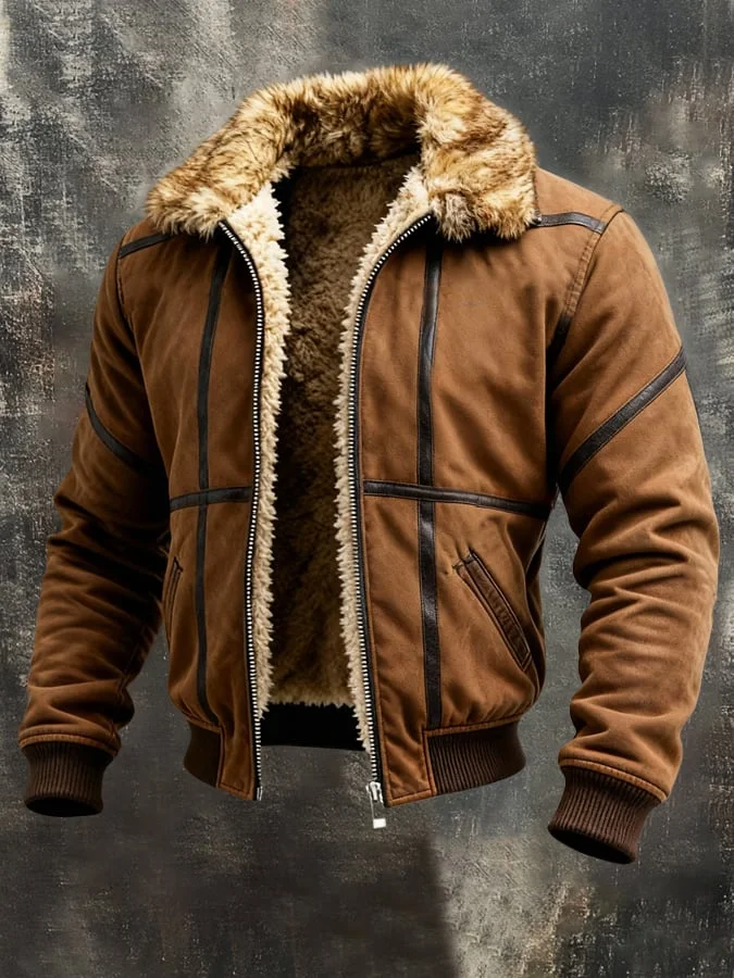 Herren-Retro-Outdoorjacke mit warmem Pelzkragen und Rei&szlig;verschluss 