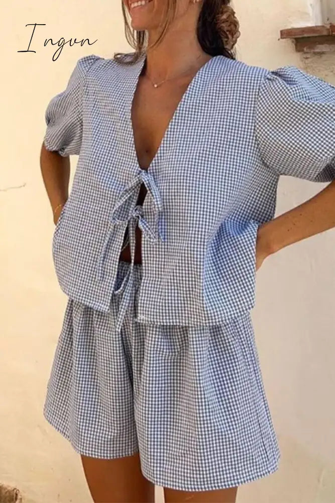 Casual Plaid Bandage Pocket U Neck Short Sleeve Two Pieces Sky Blue / S Pieces/Two-Piece Set