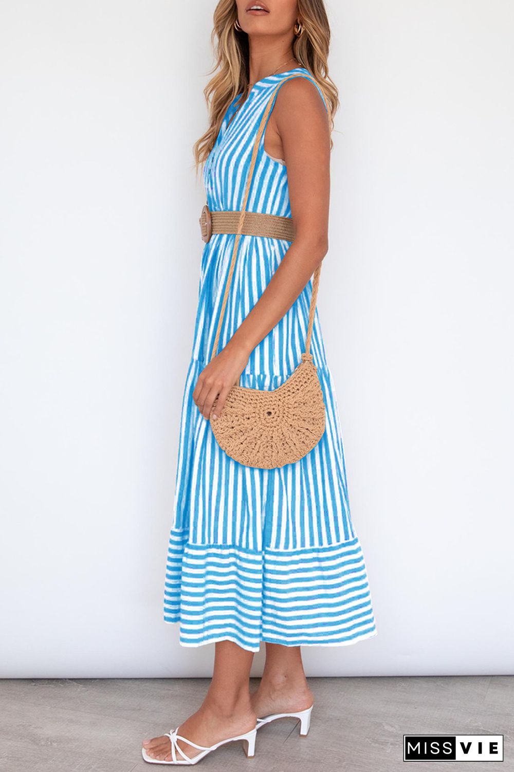 Casual Elegant Striped Flounce Without Belt V Neck A Line Dresses