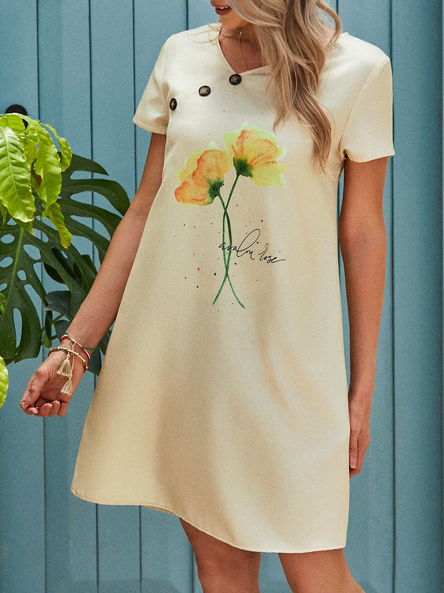 Womens Floral Print V-neck Short Sleeve Dress