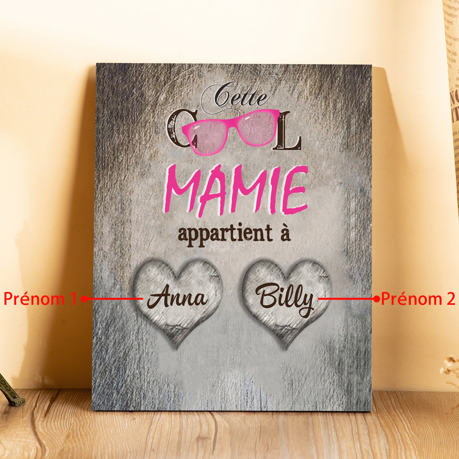 À ma Mamie - Cadre en Bois 2 Prénoms Personnalisés cadeau pour Mamie