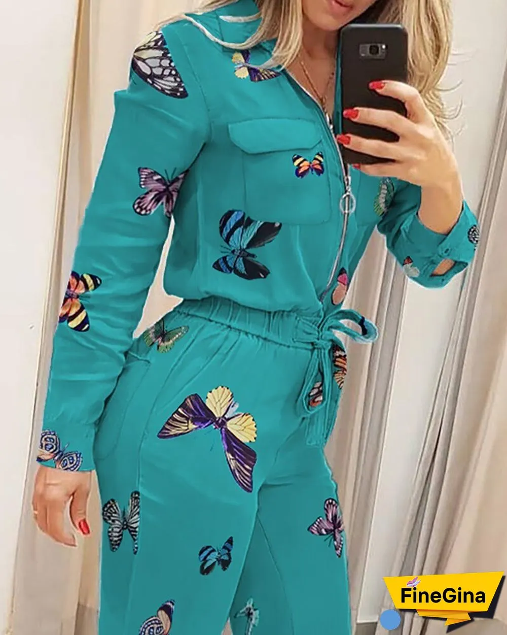 Female Long Sleeve Slim Fit Lace Up Waist Jumpsuit Casual Jumpsuits