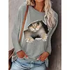Women&lsquo;s Round Neck Pullover Cat Printed Long Sleeve T-shirt