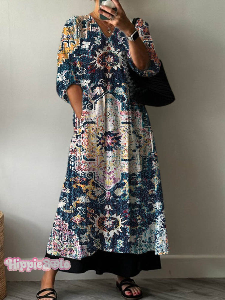 Women’s Vintage Lovely Floral Art Print Pocket V-Neck Cotton Dress Multicolor / S