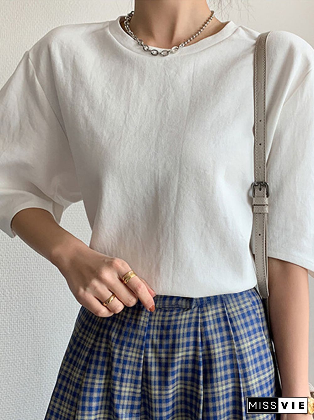 Crew Neck Solid Color Half Sleeve Casual Blouse