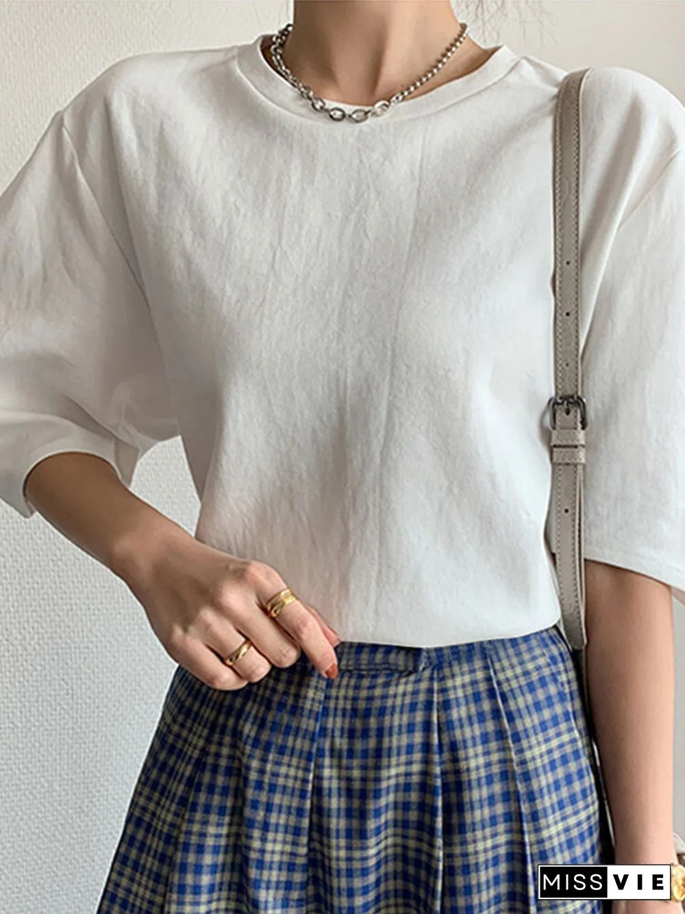 Crew Neck Solid Color Half Sleeve Casual Blouse