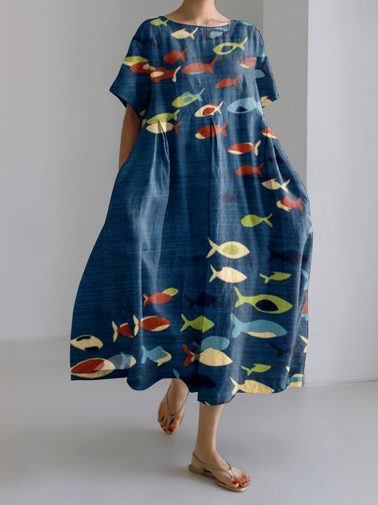 Comstylish Fish Print Short Sleeve Loose Midi Dress