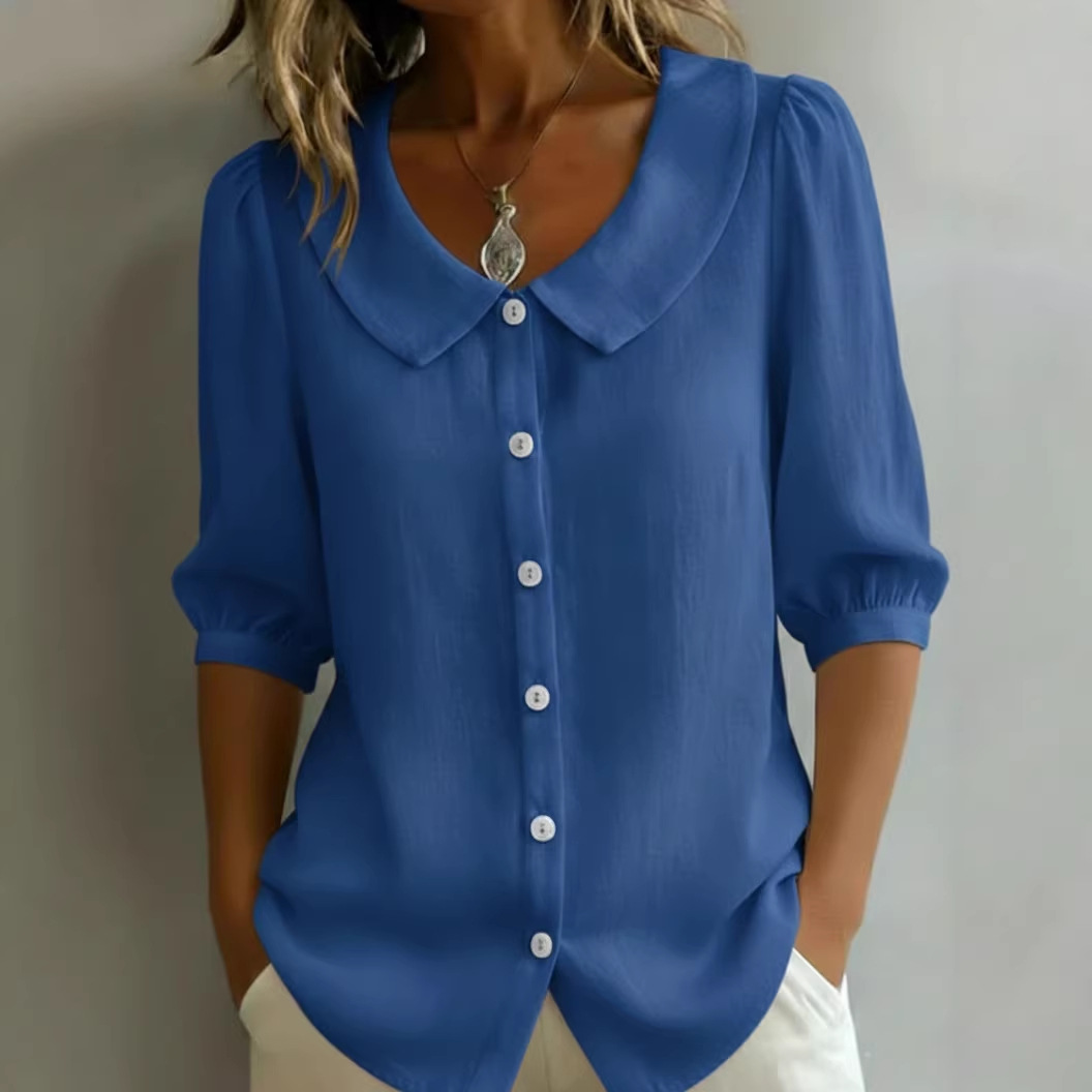 Comstylish Women's Puff Sleeve Doll Collar Button-up Shirt