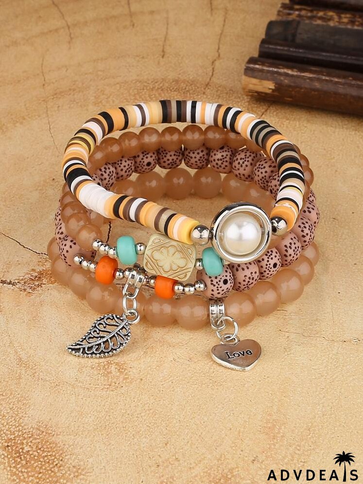 4pcs Letter Detail Heart Charm Beaded Bracelet