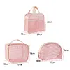 3Pcs Makeup Bag PVC Travel Storage Bag Large Capacity Zipper Mesh Bag (Pink)