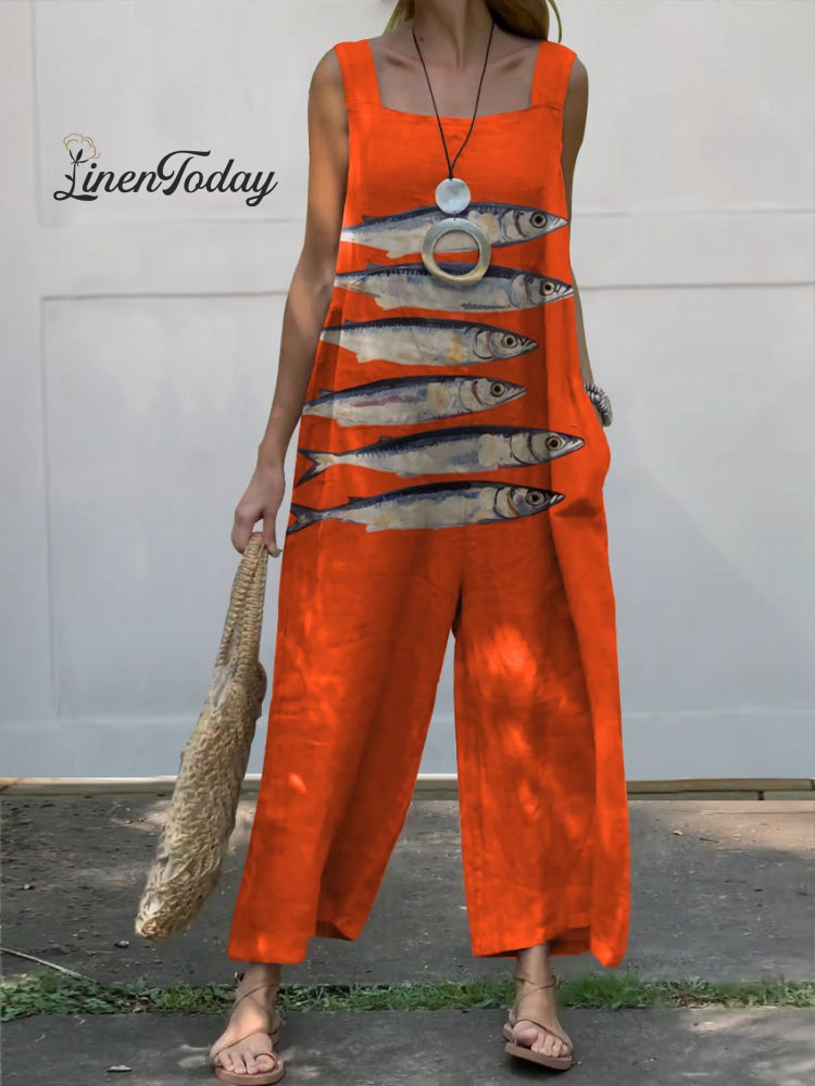 Women’s Vintage Lovely Fish Art Print Casual 100% Cotton Wide Leg Jumpsuit Orange / S