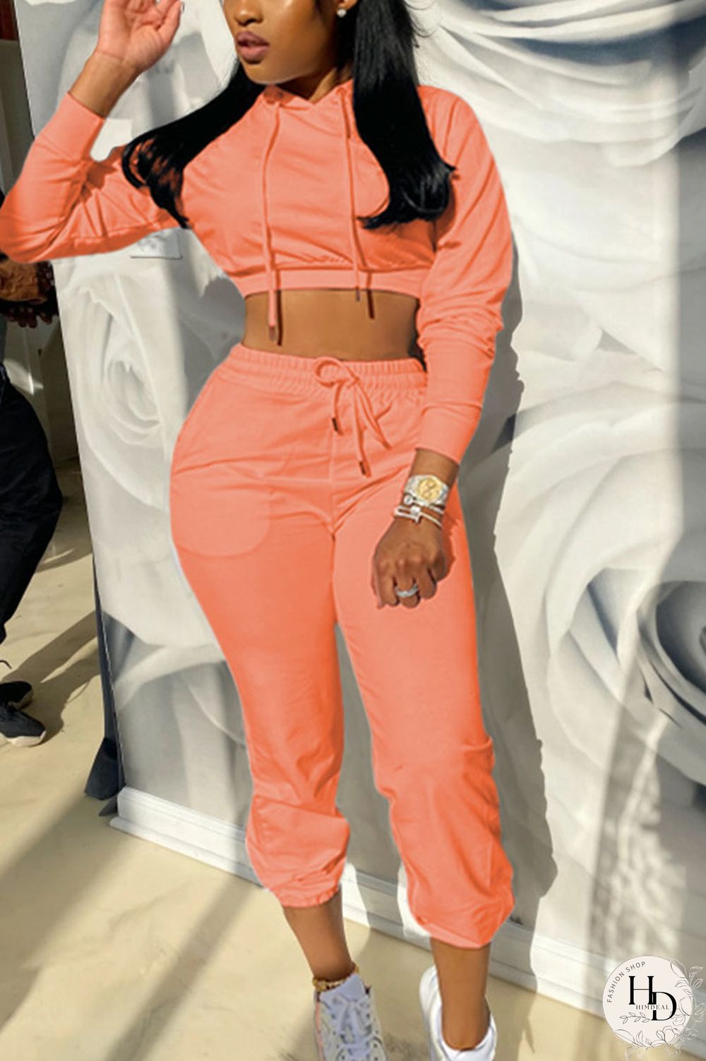 Orange Sportswear Solid Patchwork Hooded Collar Long Sleeve Regular Sleeve Short Two Pieces