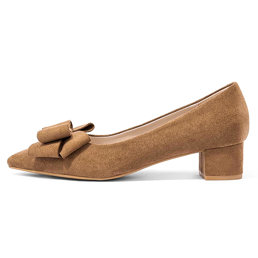 Brown Faux Suede Pointed Toe Low Chunky  Heel Pumps with Flower Decor Nicepairs