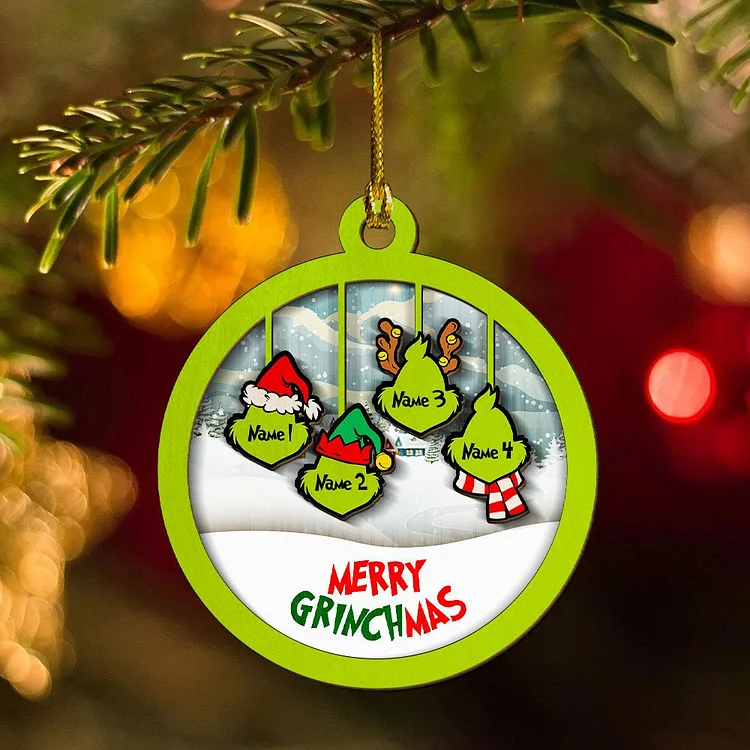 Merry Grinchmas Family Ornament Custom 4 Names Wooden Ornament