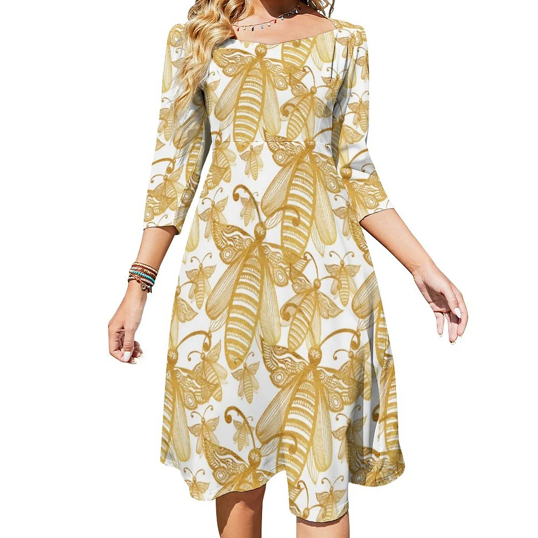 Boho Bee Swarm Chic Pattern Gold On White Dress Sweetheart Tie Back Flared 3/4 Sleeve Midi Dresses