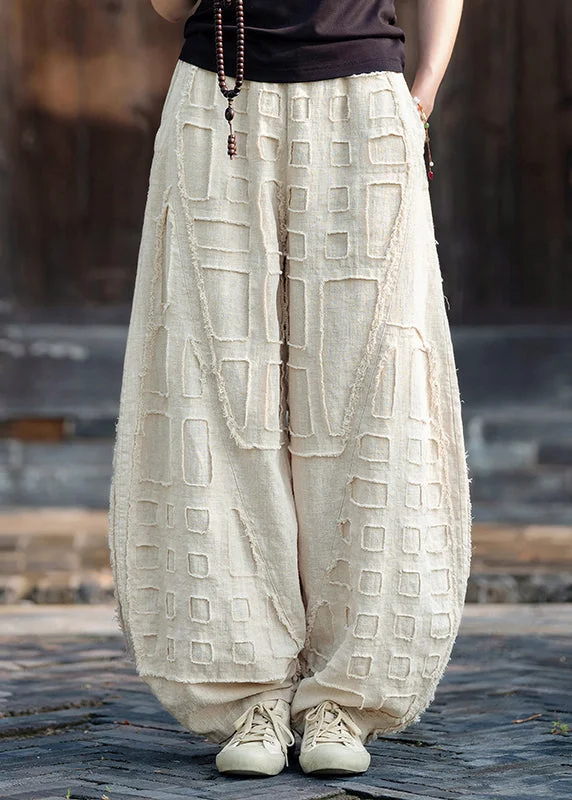 Plus Size Beige Pockets Patchwork Linen Lantern Pants Spring