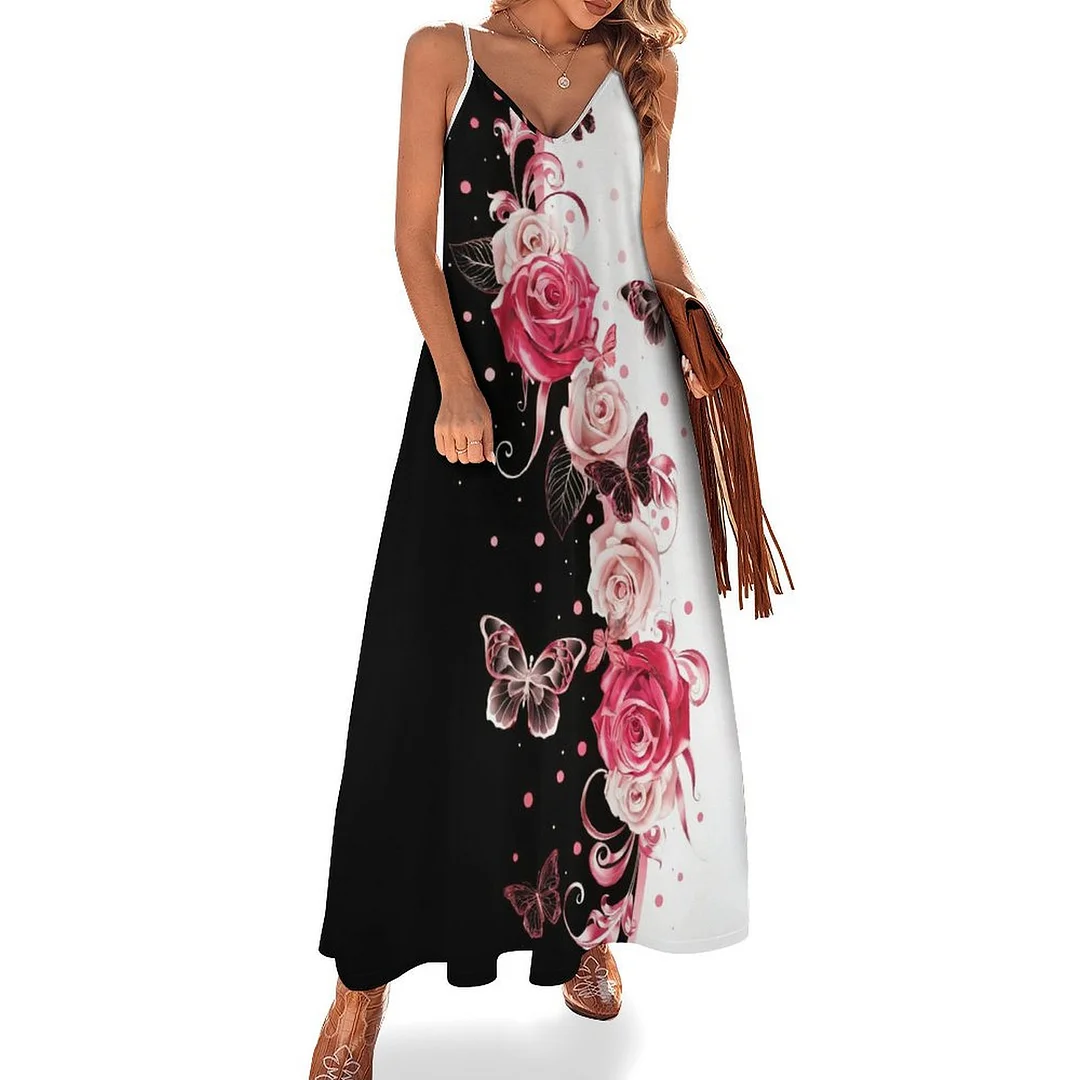 Style & Comfort for Mature Women Plus Size Printed Sling Casual Women Maxi Dress in Pattern Butterfly, Red, Black, Floral