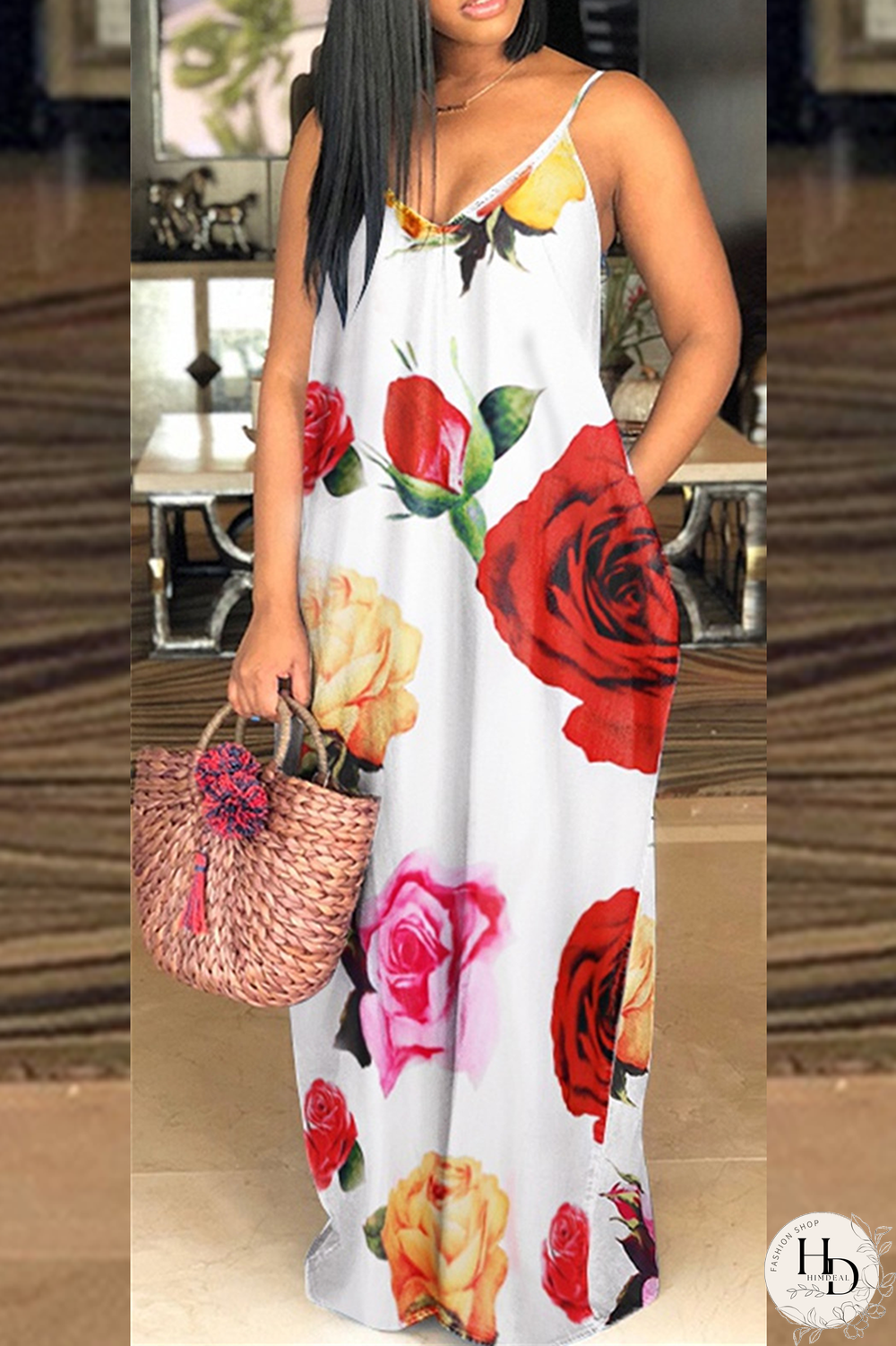 White Sexy Print Split Joint Spaghetti Strap Straight Dresses