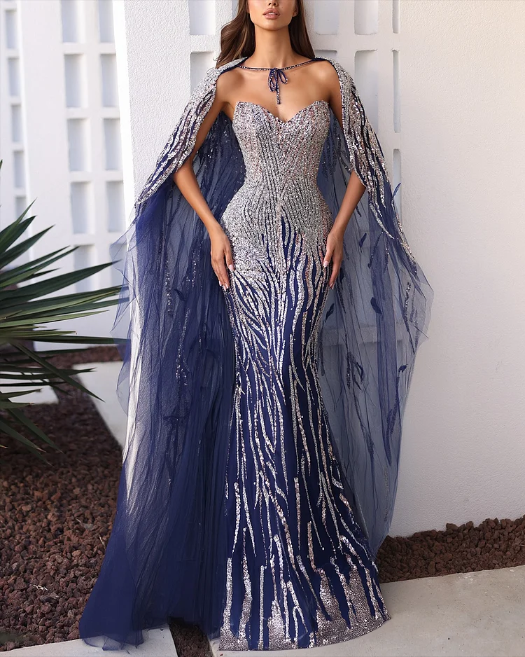 Women's Shawl Mesh Sequin Dress