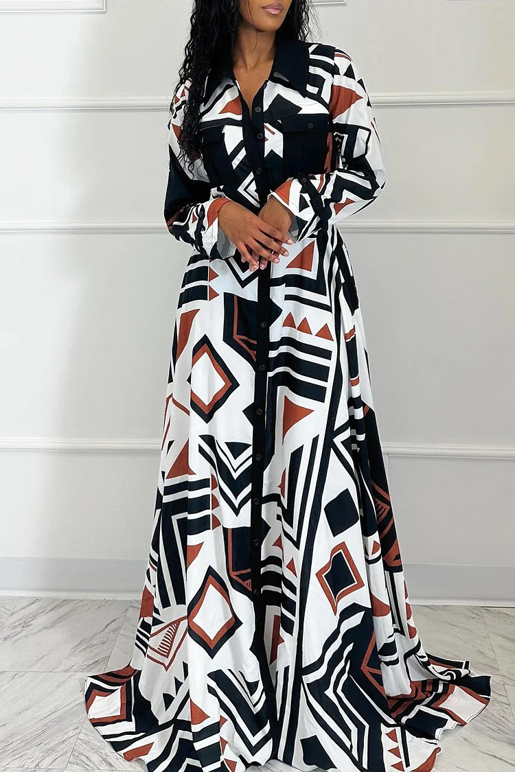 Geometric Print Button Up Long Sleeve A-Line Blouse Maxi Dresses