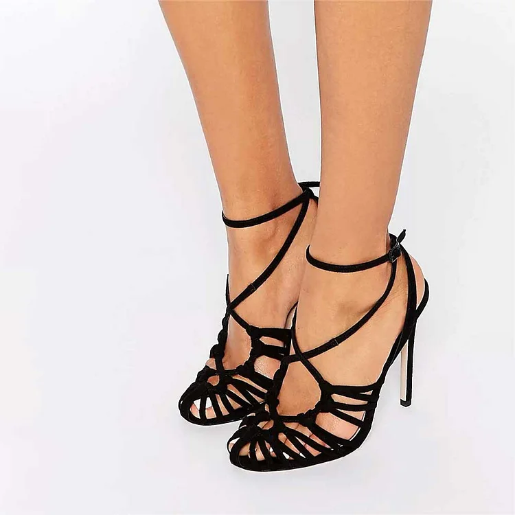 Custom Made Black High Heel Strappy Sandals |FSJ Shoes