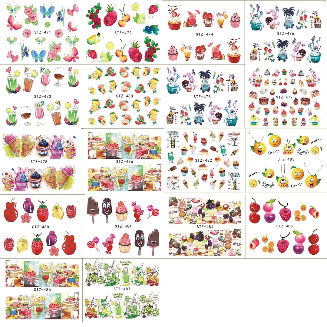 Nail Stickers Water Transfer Fruits Ice Creams Multiple Colors Designs 18Pcs/Set Nail Decal Decoration Tips For Beauty Salons