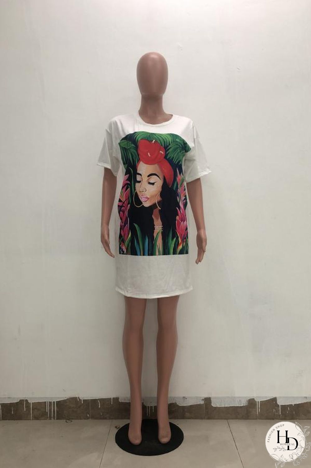 Black Cotton Casual Bat sleeve Short Sleeves O neck Step Skirt Knee-Length Print head portrait Print Dres