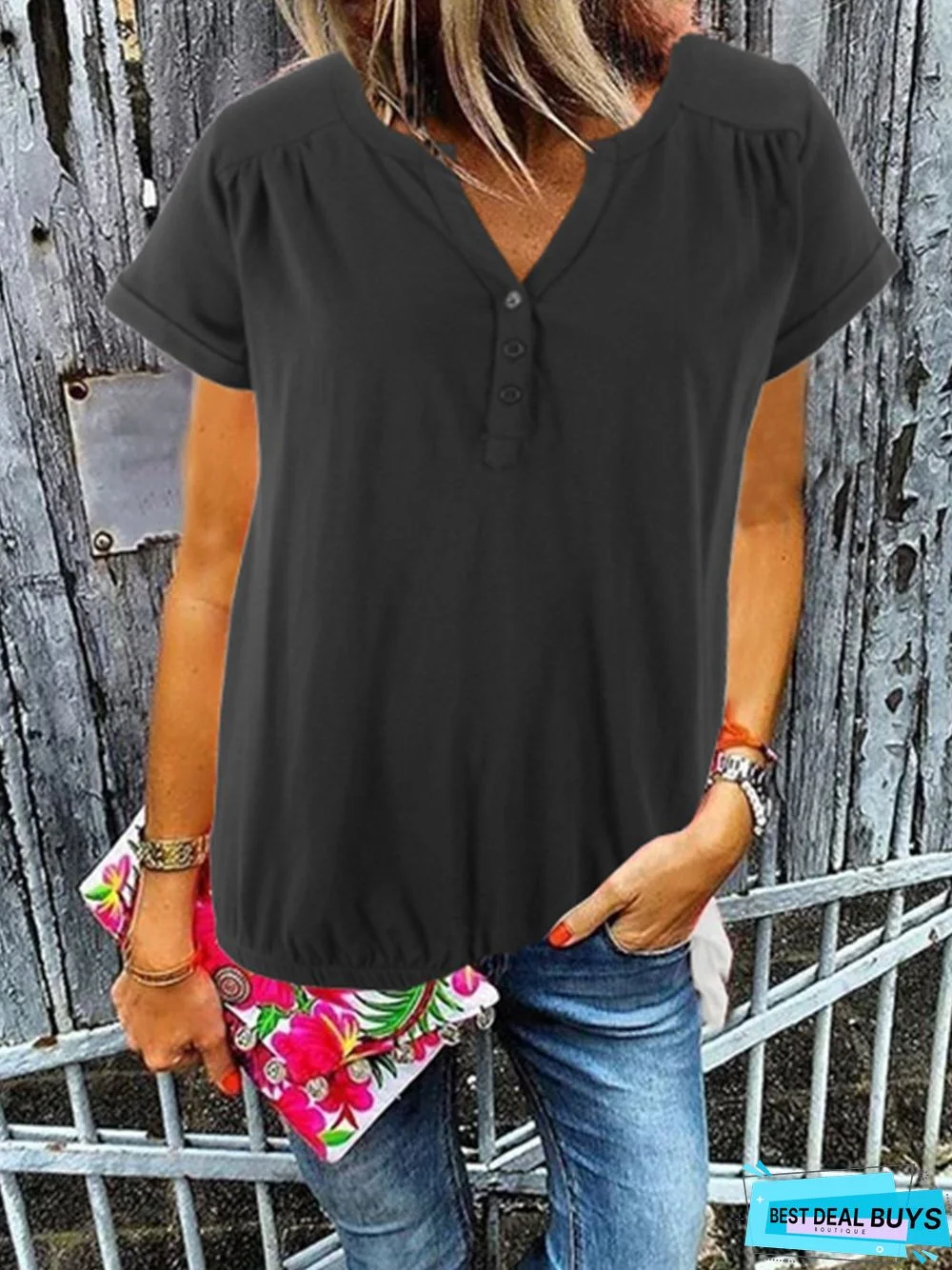 Casual Cotton-Blend Short Sleeve V Neck Tops