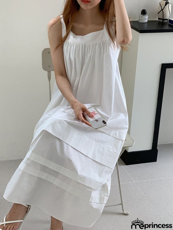 Loose Sleeveless Solid Color Square-Neck Midi Dresses