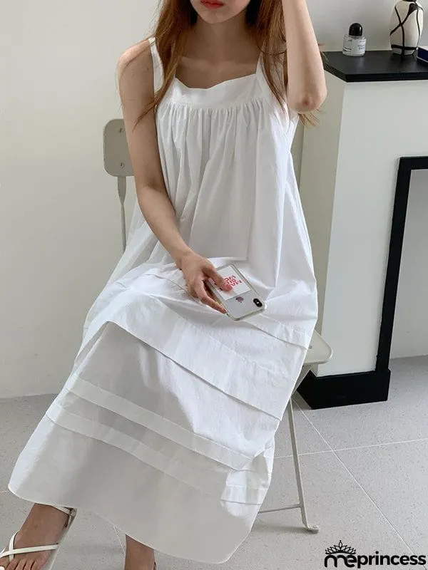 Loose Sleeveless Solid Color Square-Neck Midi Dresses