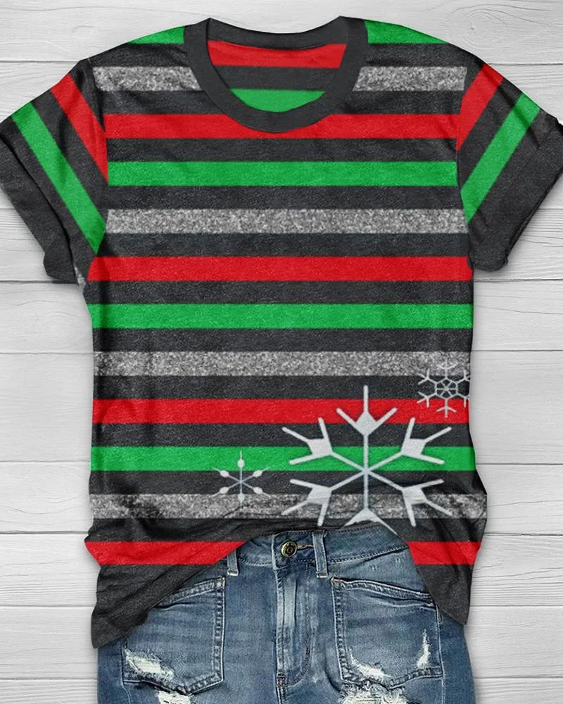 Christmas Striped Contrast Print Simple T-Shirt