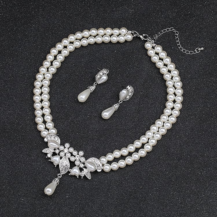 Wedding Plating Pearl Necklace Earrings Two Pieces Set