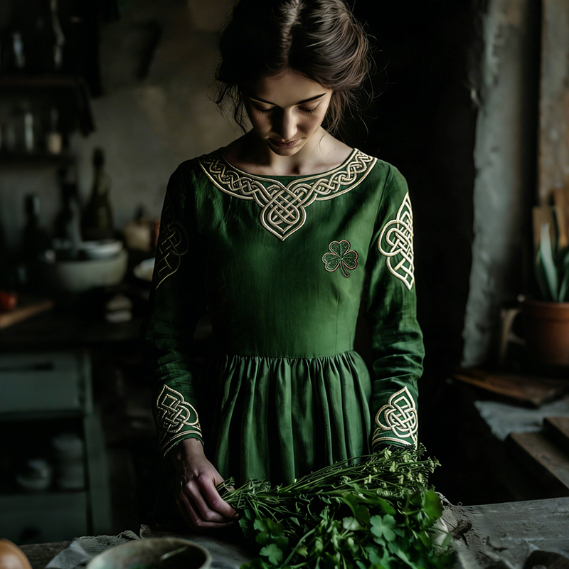 Women's St Patrick's Day Clover Celtic Art Cozy Mixed Cotton And Linen Dress wearshes