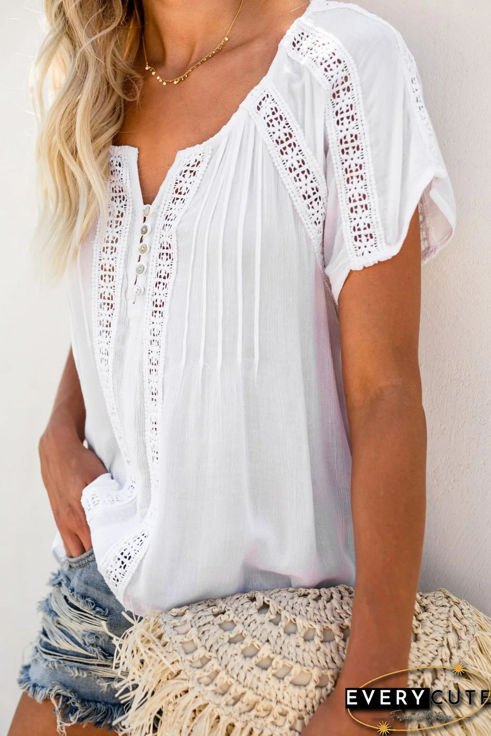 White Crochet Eyelet Short Sleeves Top