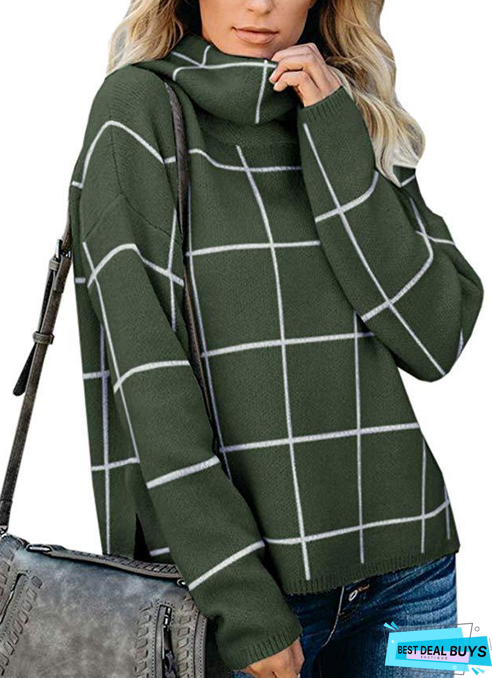 Plaid Sweater Pullover Turtleneck Pullover Checked Sweater