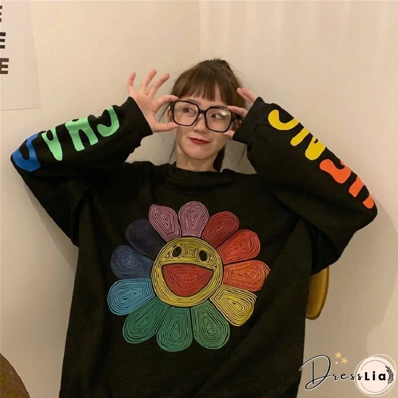 Christmas Gift QWEEK Harajuku Rainbow Hoodie Women Sunflower Print Crewneck Sweatshirt Streetwear Y2k Korean Fashion Long Sleeve Pullover Chic