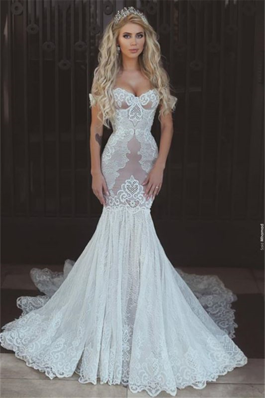 Charming Off-the-Shoulder Mermaid Lace Wedding Dress With Lace-up Back - lulusllly