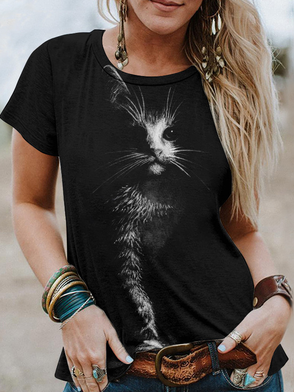Women's Funny 3D Cat Eye Print T-Shirt Crew Neck Short Sleeve Tee