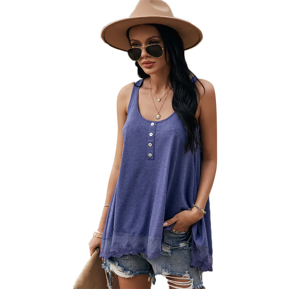 Navy Blue Lace Hem Buttoned Casual Tank
