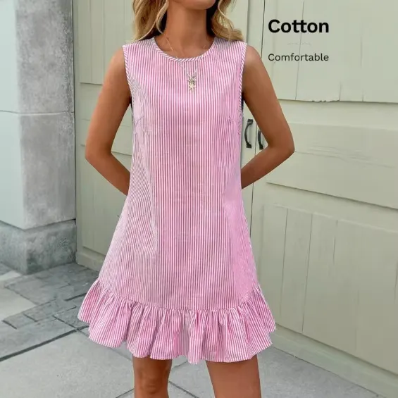 Women&rsquo;s Round Neck Sleeveless Vertical Striped Loose Straight Mini Dress With Ruffle Hem