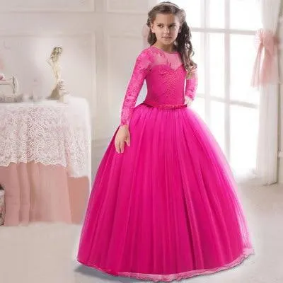2021 Ankle Length Lace Long Sleeve Ruffle Long Dress Piano Party Performance Costume Little Girl Princess Dress