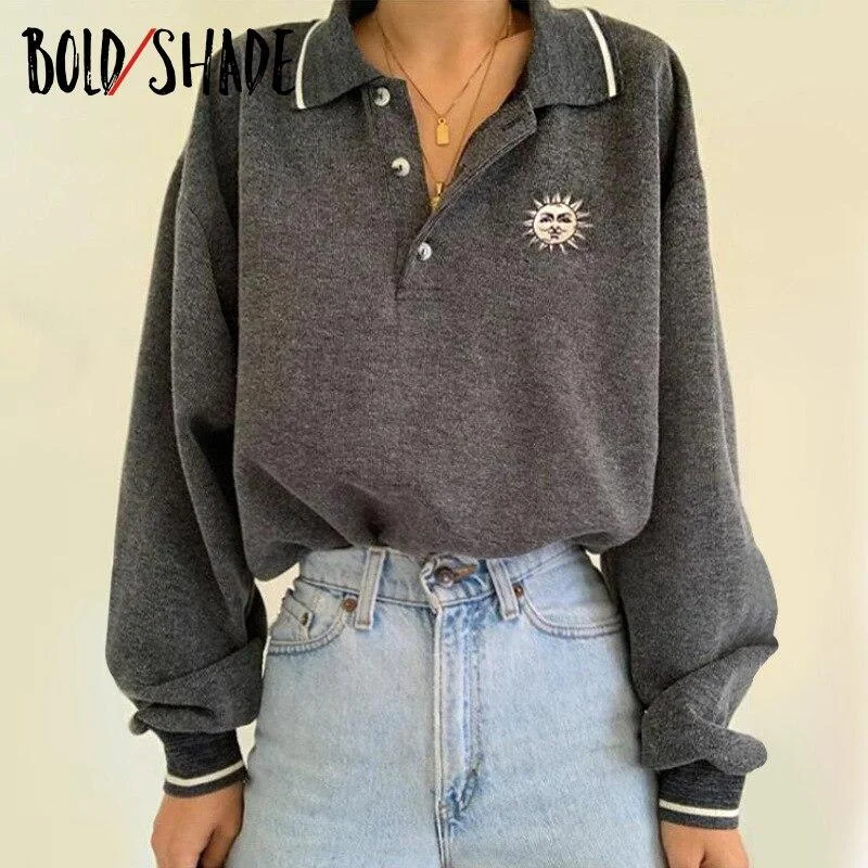 Bold Shade 90s Fashion Grunge Vintage Sweatshirts Long Sleeve Graphic Turn-down Collar Hoodies Women Y2K Goblincore Grey Top Hot