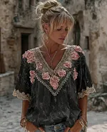 Women's Vintage Spring Floral Embroidered Art Print Flowy Linen Blend Short Sleeve Casual Tops - Image 4