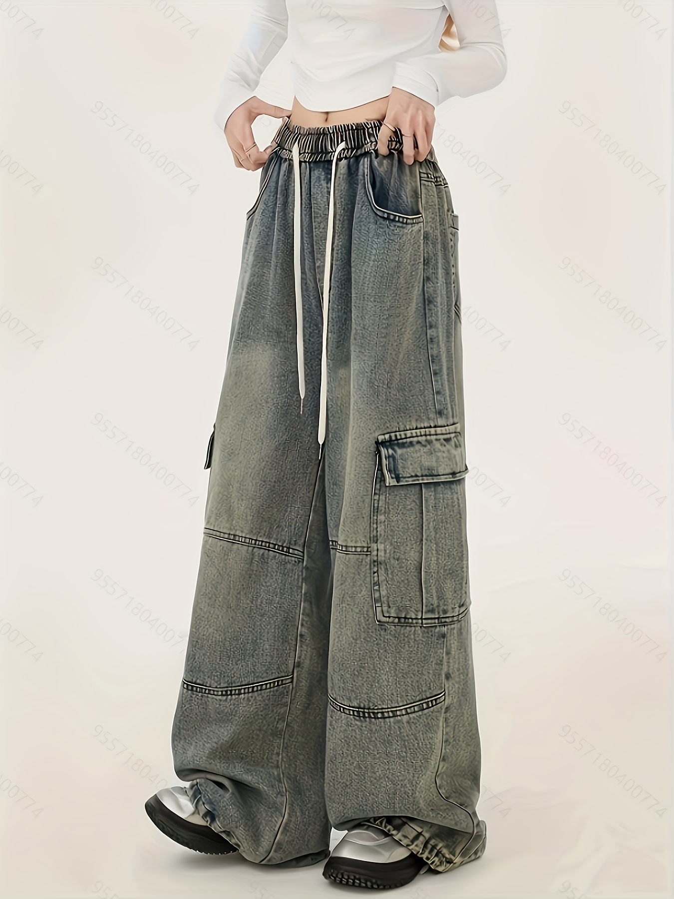 Womens Nostalgic Yellow High Street Design With Drawstring Straight Tube Loose Fitting