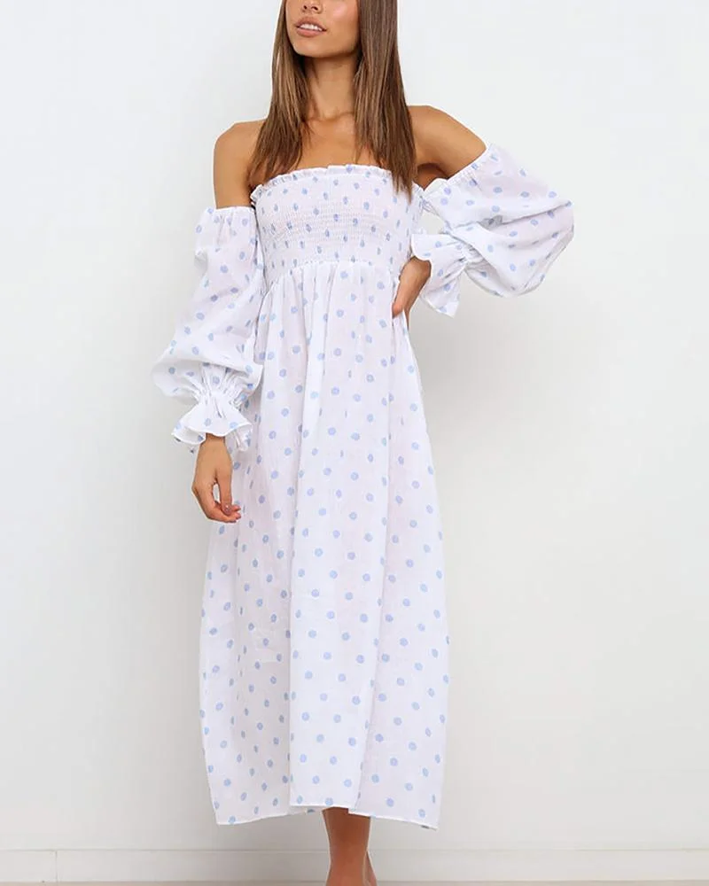 Strapless midi dress with polka dot print
