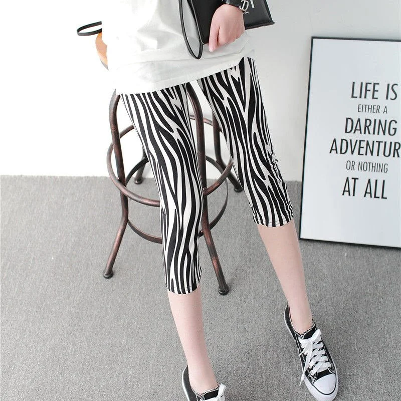 CUHAKCI Women's Calf-Length Leggings Print Grid Short Pant Mujer Casual Elasticity Stripe Fitness Leggins