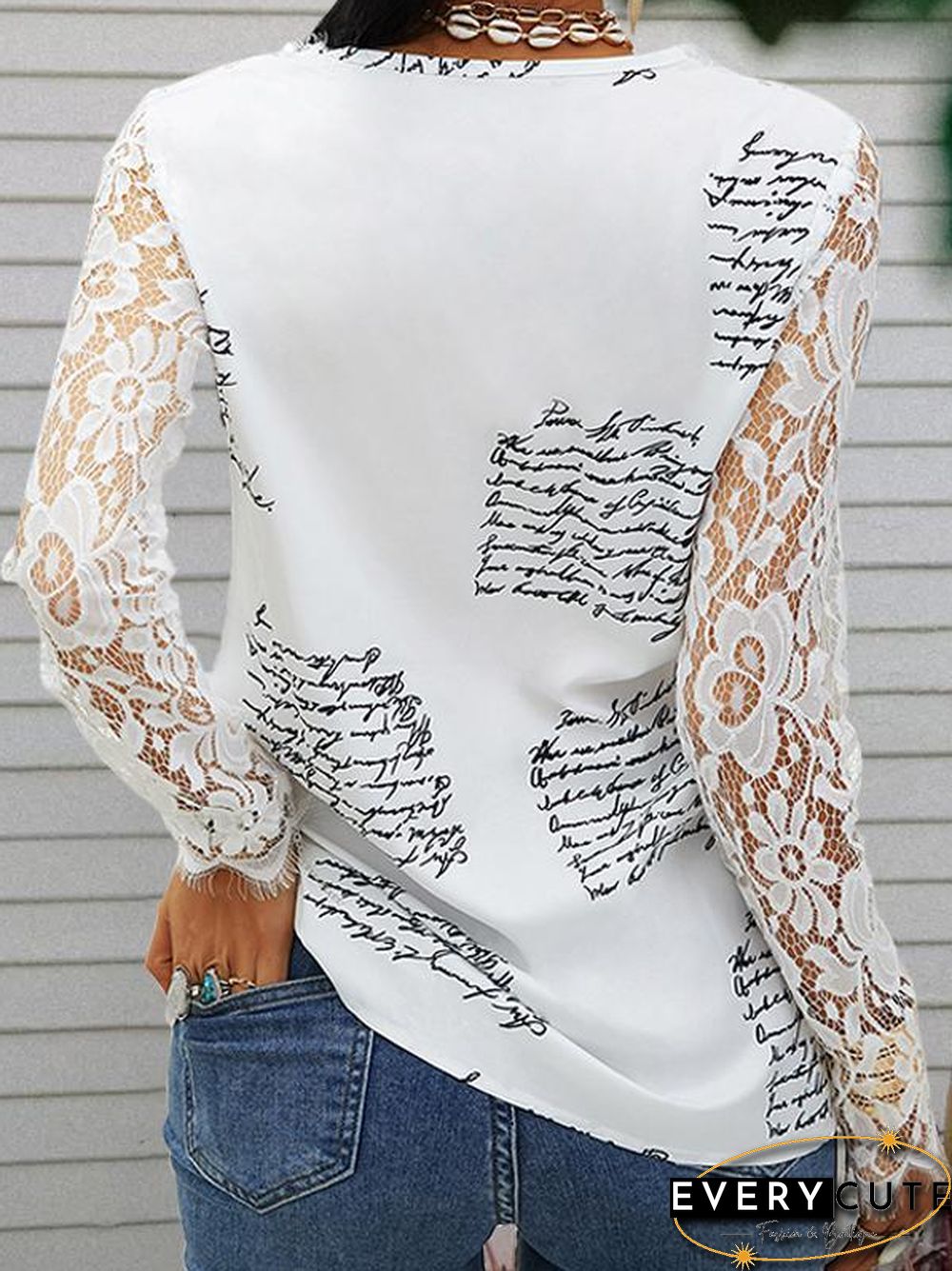 Lace Shoulder Long Sleeve White Top