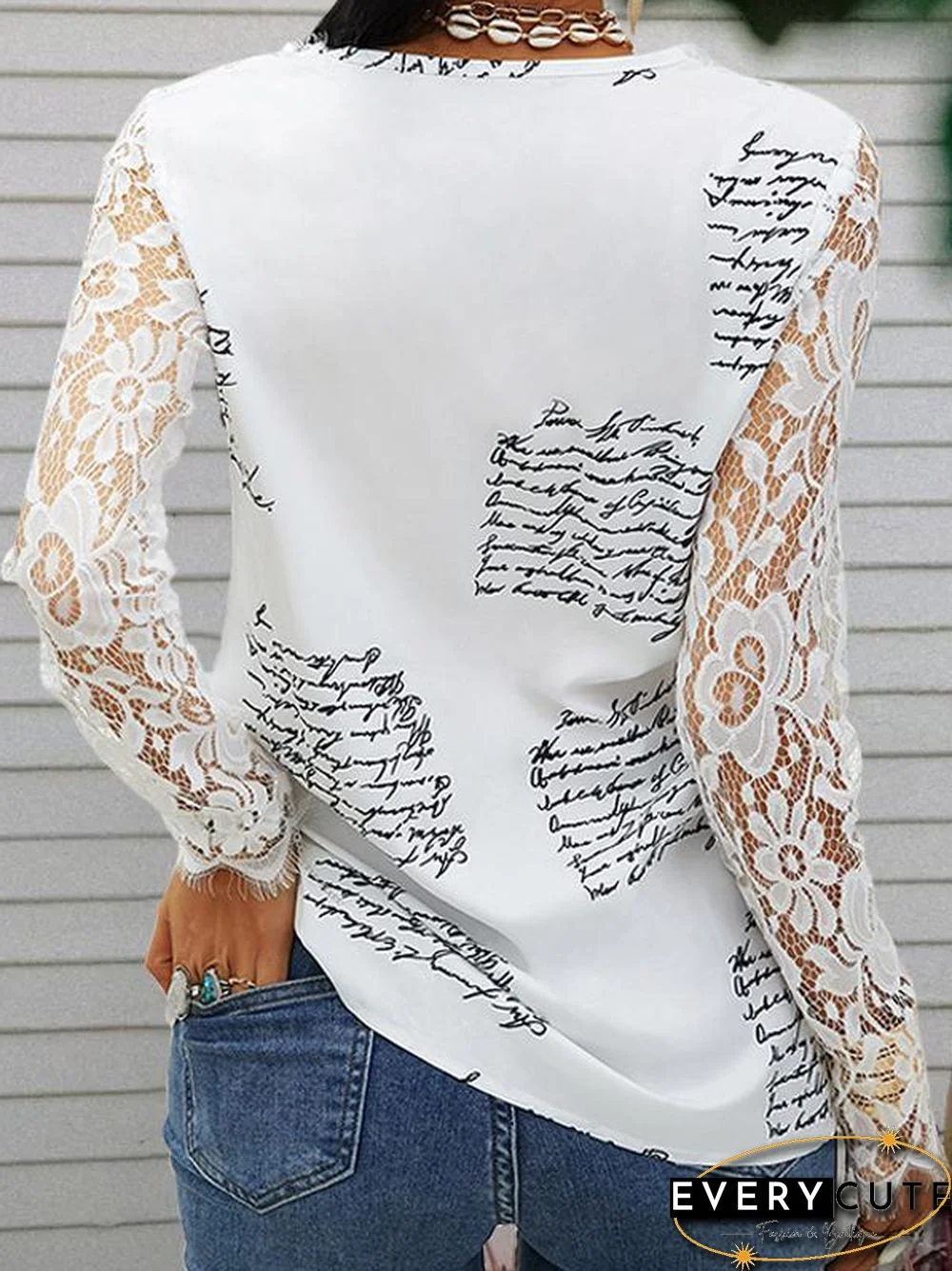 Lace Shoulder Long Sleeve White Top